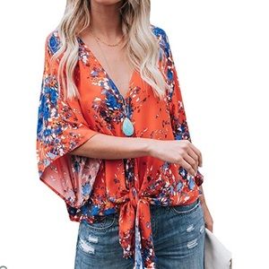 NWOT-Womens Floral V Neck Tie Knot Front Top
